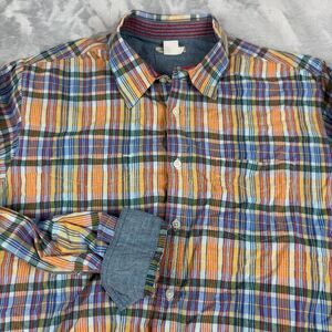 Carbon2Cobalt Shirt Mens Large Yellow Plaid Chambray Flip Cuff Button Up Outdoor